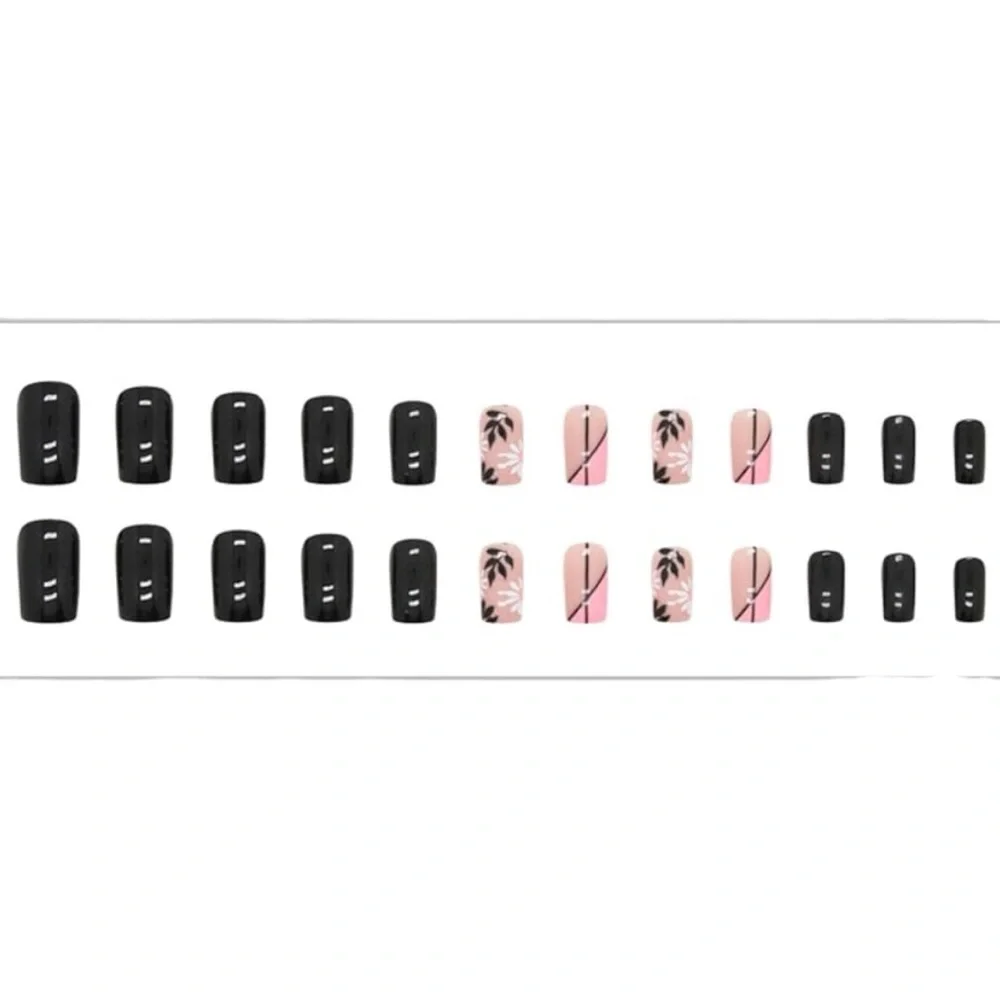 Black & Pink Floral Press On Nails